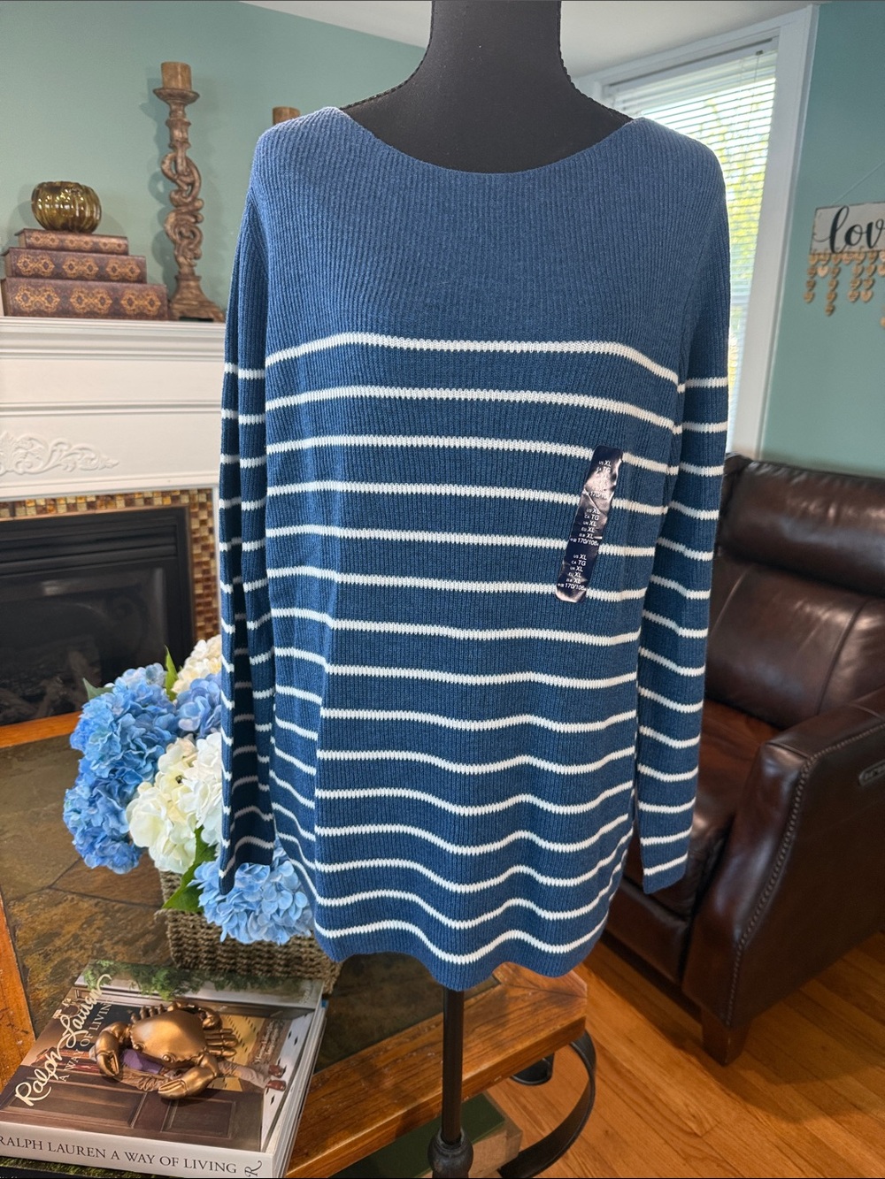 GAP Blue & White Striped Women's Scoop Neck Sweater